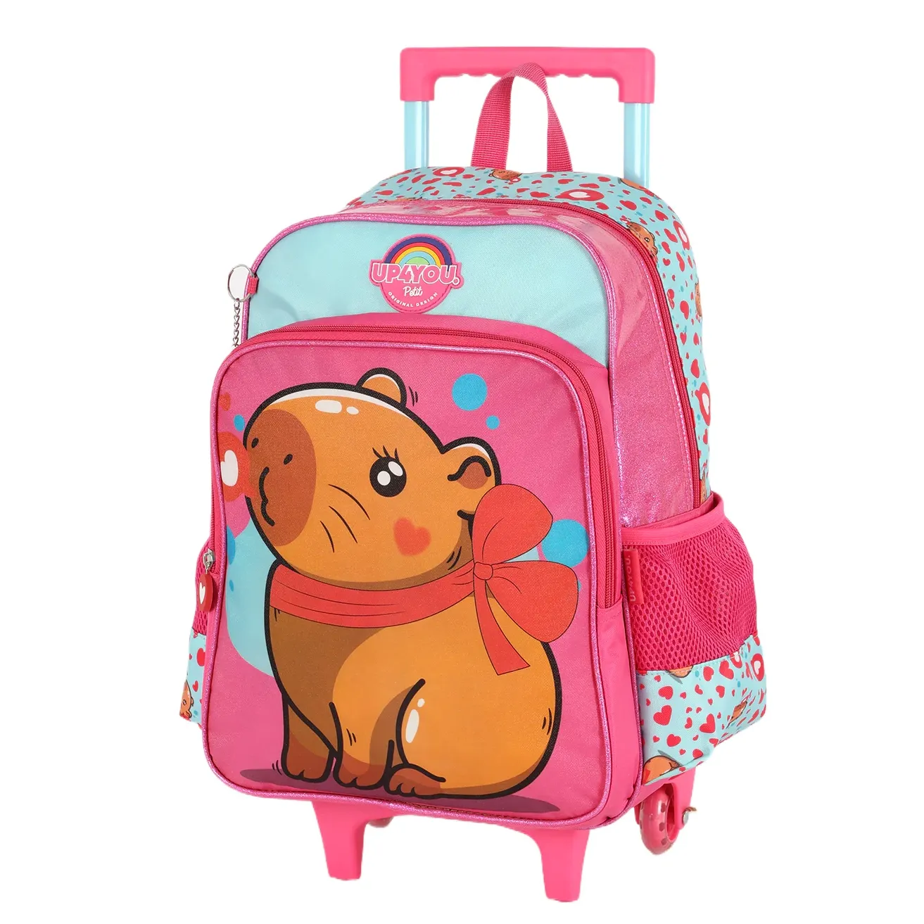 Vista lateral da mochila rodinha infantil rosa com estampa divertida
